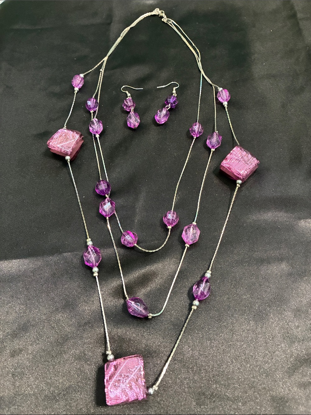Triple-Strand Purple Bead Necklace with Matching Earrings - Unbranded